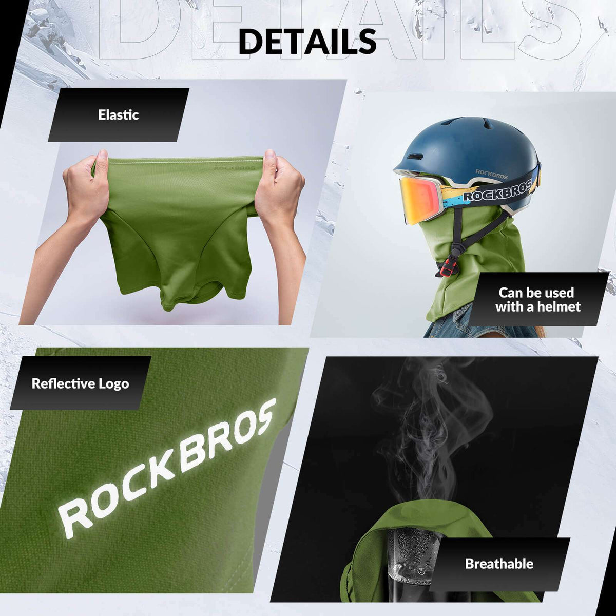 Green thermal balaclava ski mask with reflective logo and breathable design.