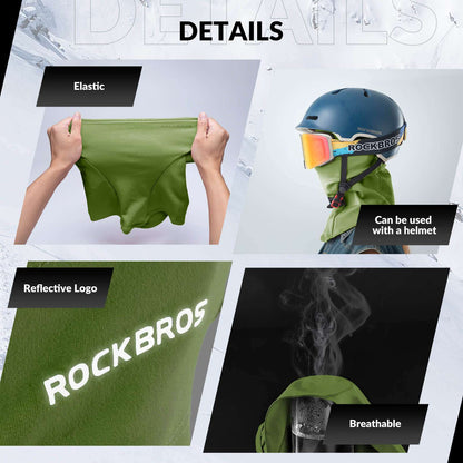 Green thermal balaclava ski mask with reflective logo and breathable design.