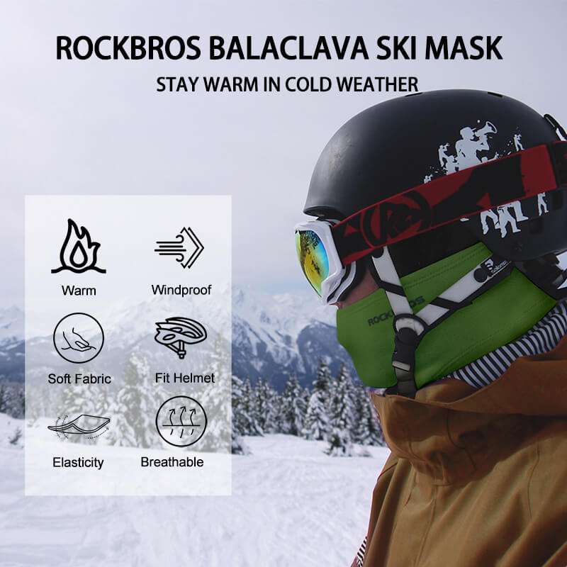 Green balaclava ski mask with windproof warmth coverage for cold weather.