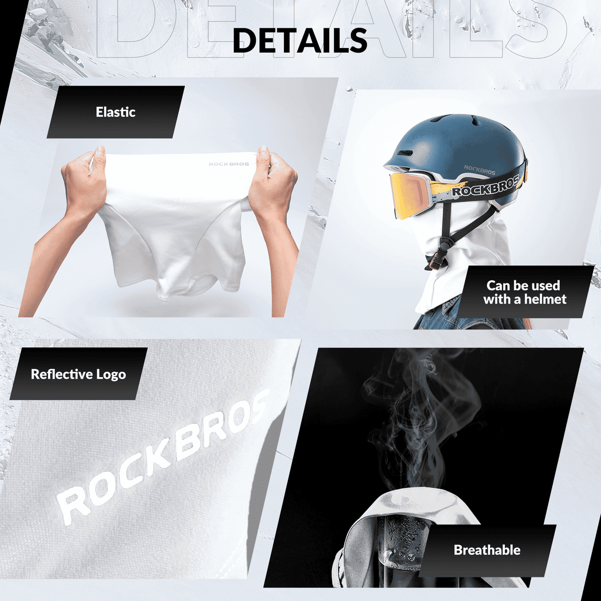 White balaclava fabric detail with ROCKBROS logo and elastic seam edge