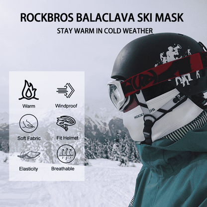 Black balaclava ski mask on helmeted rider, covering cheeks and chin