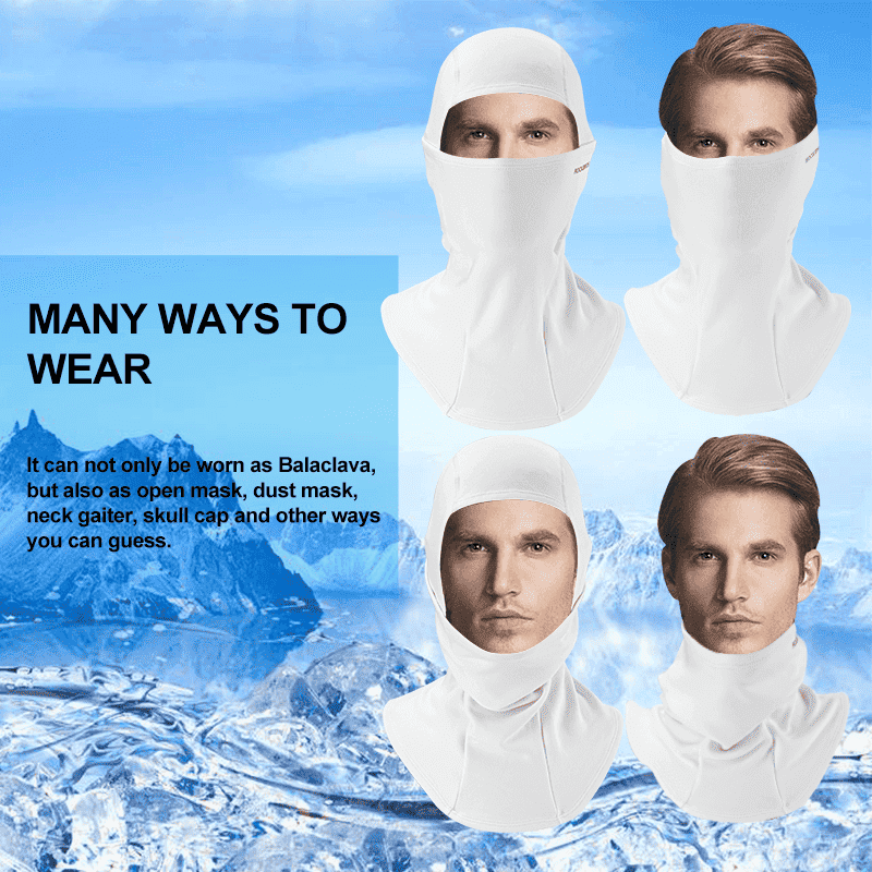 Set of white balaclava face coverings shown in multiple wear positions