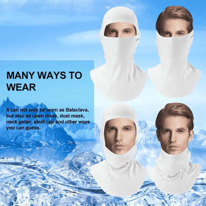 Set of white balaclava face coverings shown in multiple wear positions
