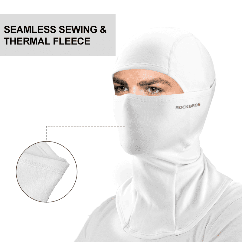 White thermal windproof balaclava ski mask covering face and neck, logo on mask