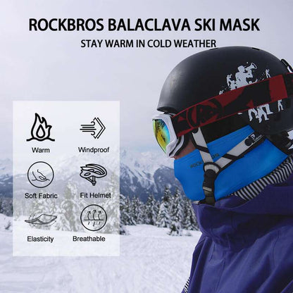 Blue balaclava ski mask worn under ski helmet with face-covering hood