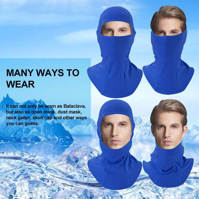 Blue balaclava ski mask shown in multiple wear styles covering face and neck