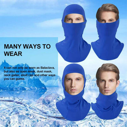 Blue balaclava ski mask shown in multiple wear styles covering face and neck