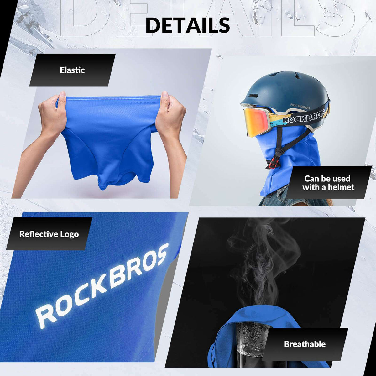 Blue balaclava ski mask showing elastic stretch and reflective logo detail