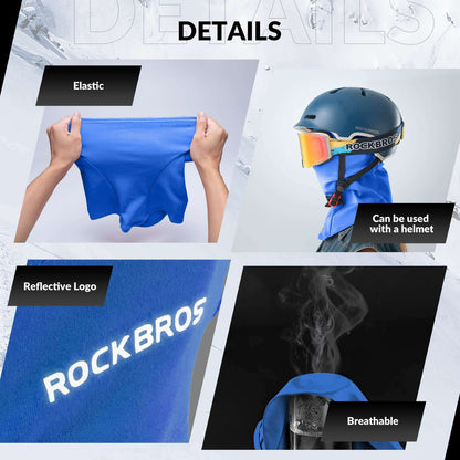 Blue balaclava ski mask showing elastic stretch and reflective logo detail