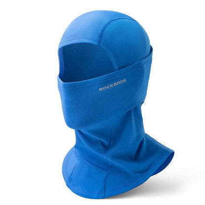 Blue balaclava ski mask with full face coverage and fold-over neck flap