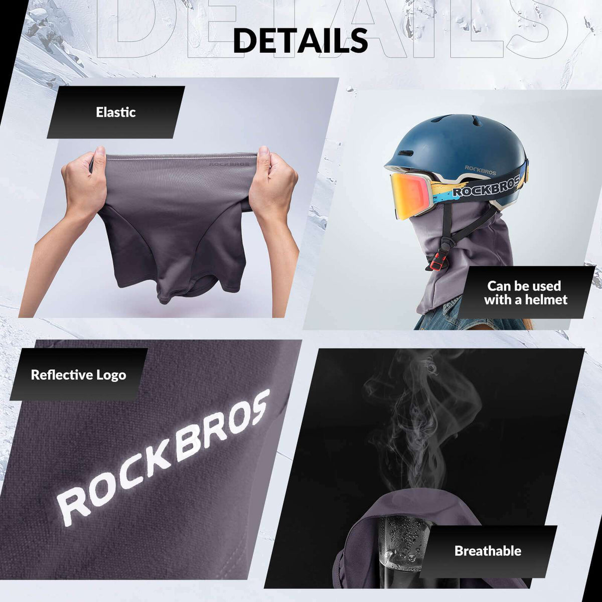Thermal balaclava ski mask with reflective ROCKBROS logo and elastic stretch design