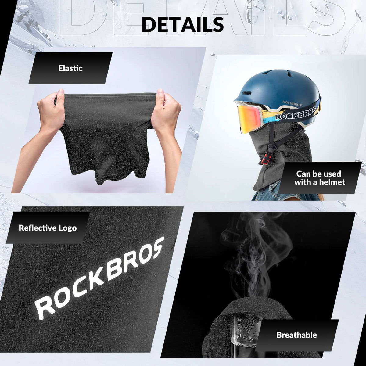ROCKBROS balaclava ski mask, black fabric detail with elastic stretch and logo