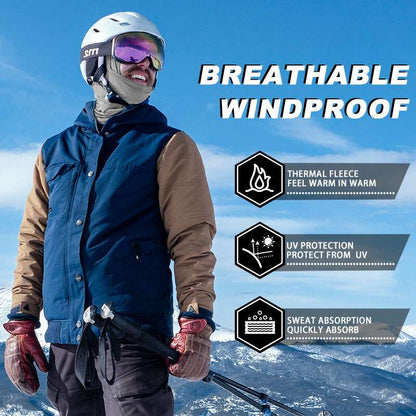 Gray balaclava ski mask worn under a helmet with full face cover and neck