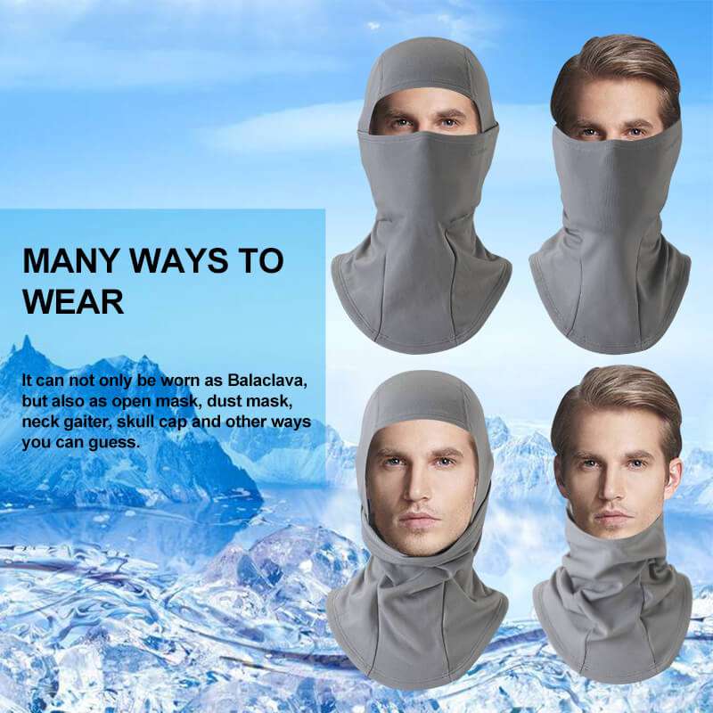 Gray balaclava ski mask shown in multiple wear styles, covering face and neck