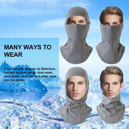 Gray balaclava ski mask shown in multiple wear styles, covering face and neck