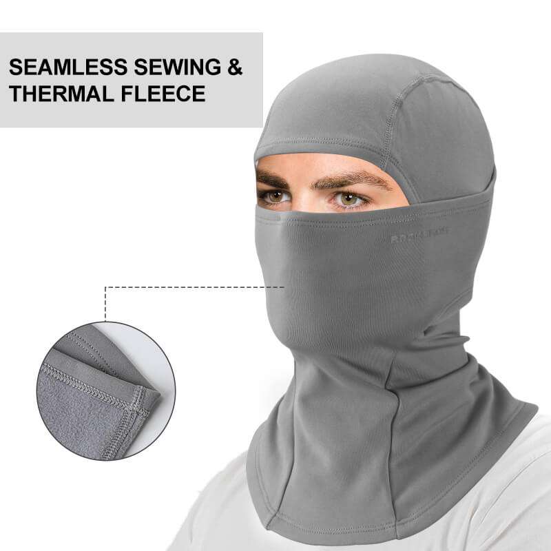 Gray seamless thermal fleece balaclava ski mask with face opening and neck coverage