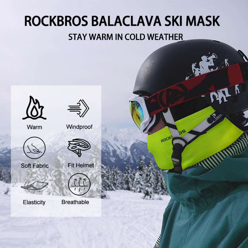 Thermal balaclava ski mask in neon green worn under a helmet with face and neck cover
