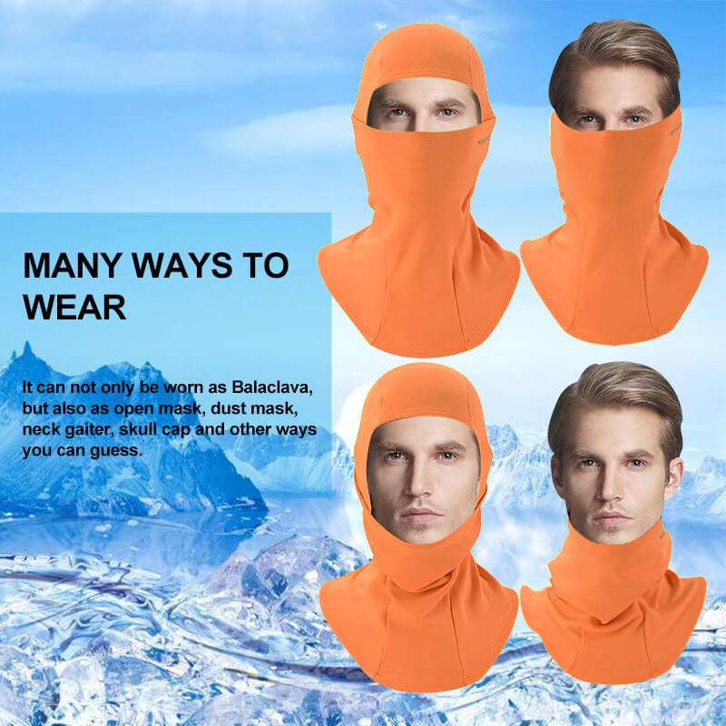 Orange thermal windproof balaclava ski mask shown in multiple angles with face opening