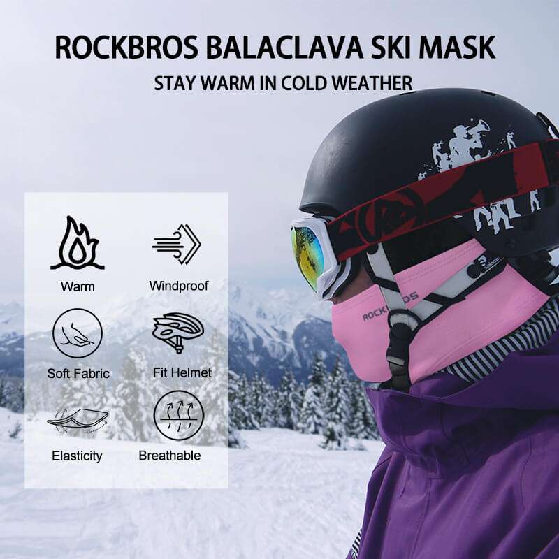 ROCKBROS thermal windproof ski balaclava mask, pink face cover with hood and neck