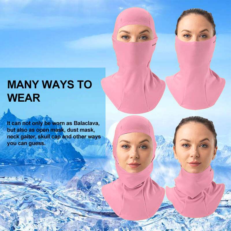 Pink balaclava ski mask shown in multiple wear styles on models