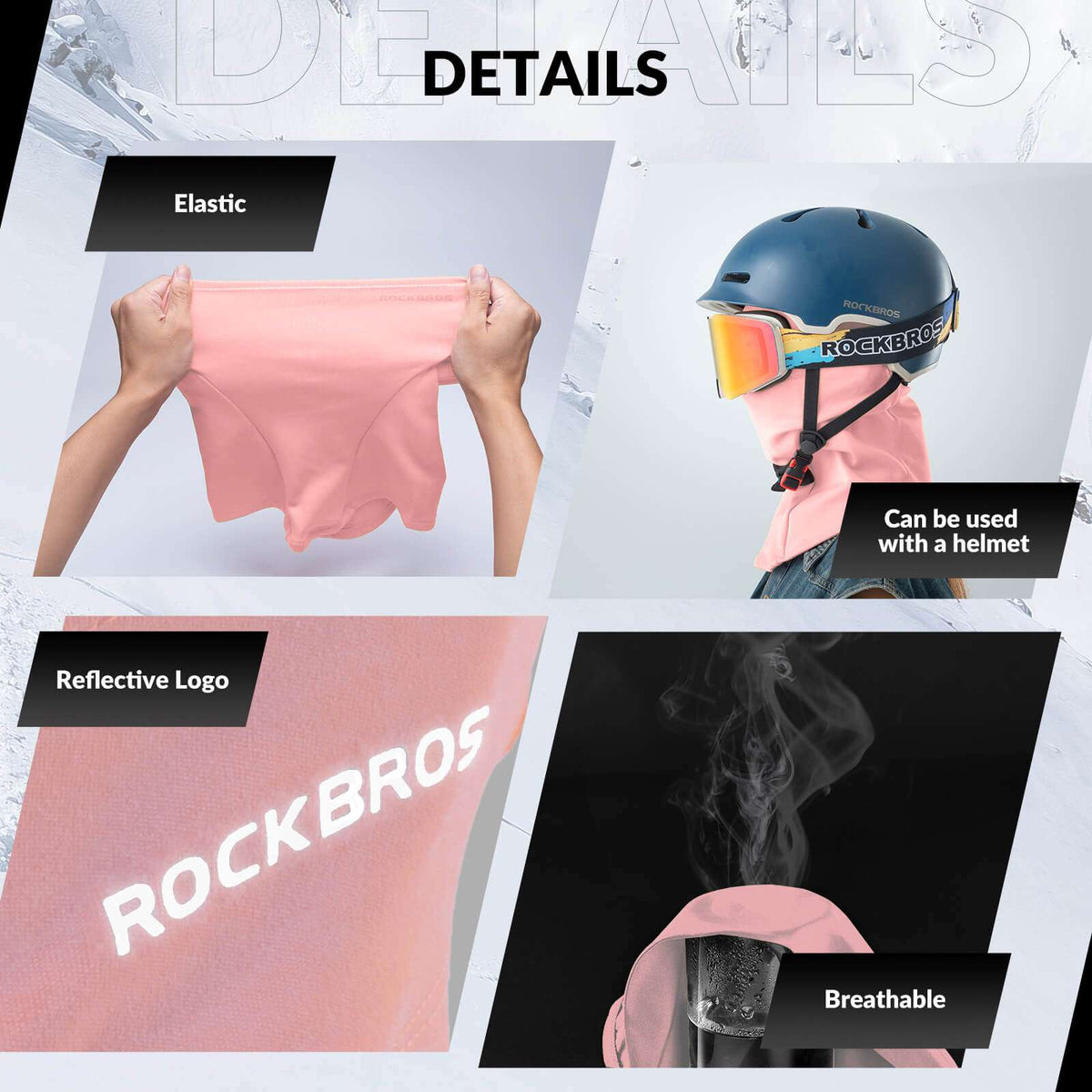 Pink balaclava ski mask collage showing elastic stretch and reflective logo detail