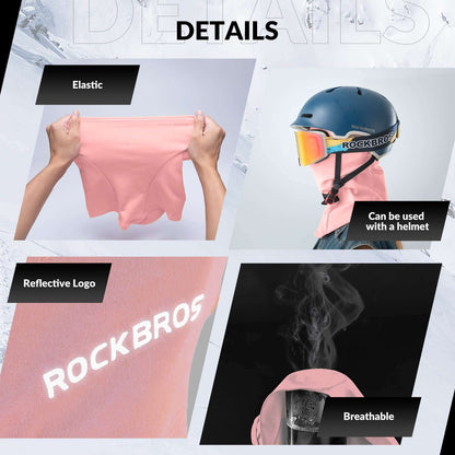 Pink balaclava ski mask collage showing elastic stretch and reflective logo detail
