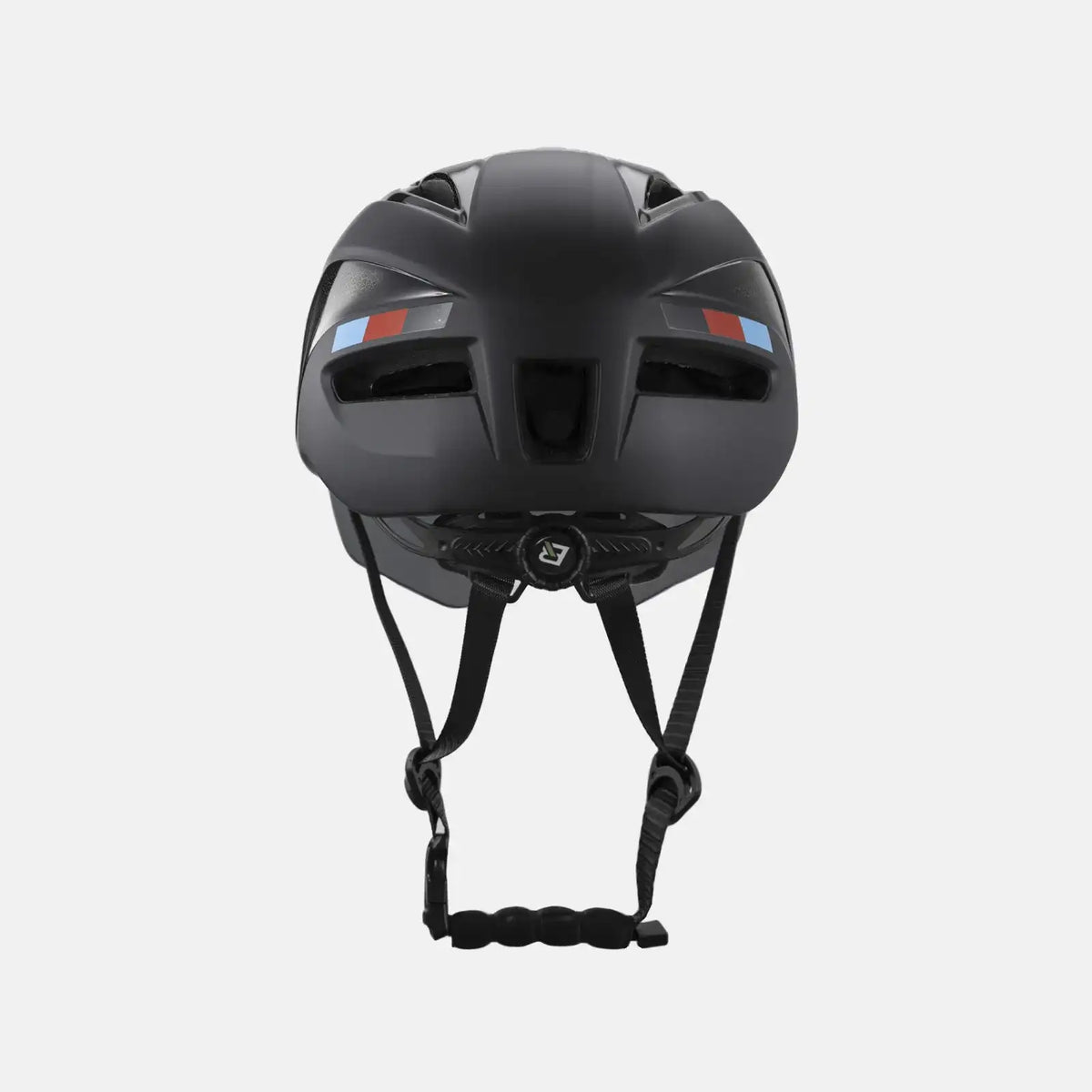 Black bike helmet with rear vent openings and chin strap
