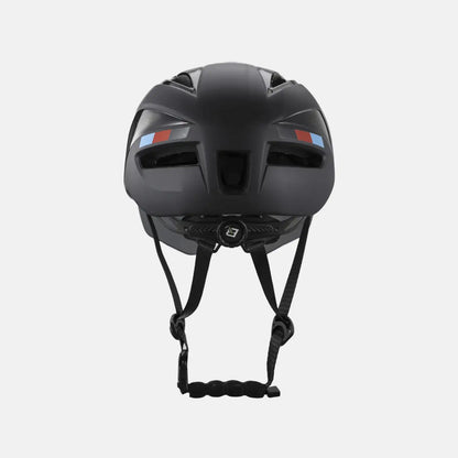 Black bike helmet with rear vent openings and chin strap