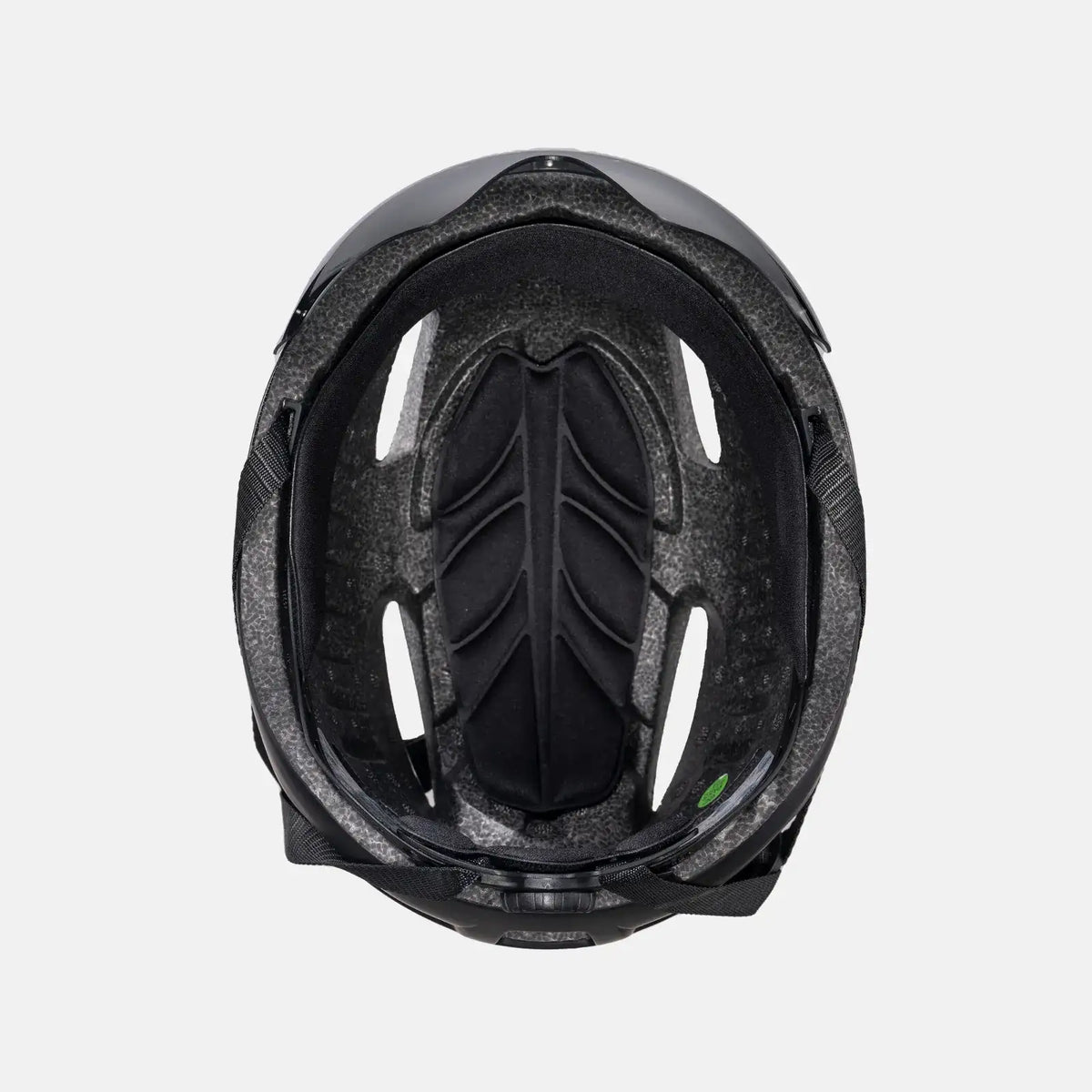 Black bike helmet interior padding and head-strap cradle with rear vent openings