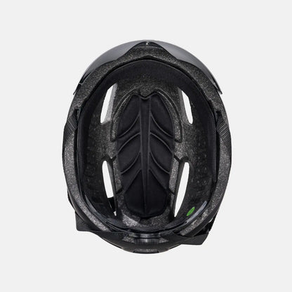 Black bike helmet interior padding and head-strap cradle with rear vent openings