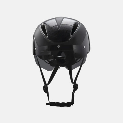 Black bike helmet with front vents and padded chin strap