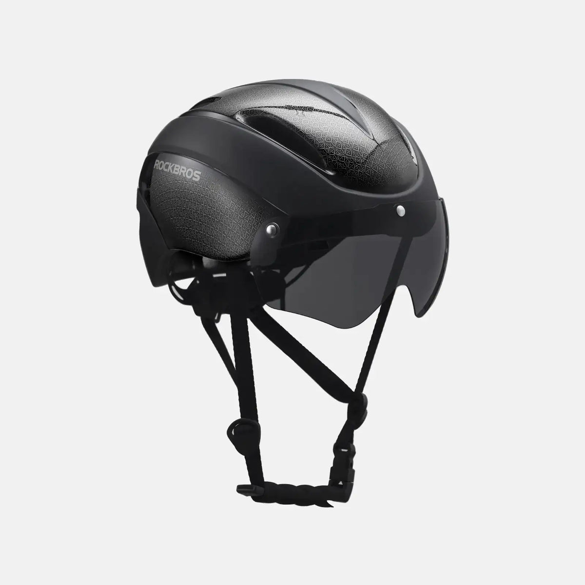 Black bike helmet with rear straps and rear vented shell