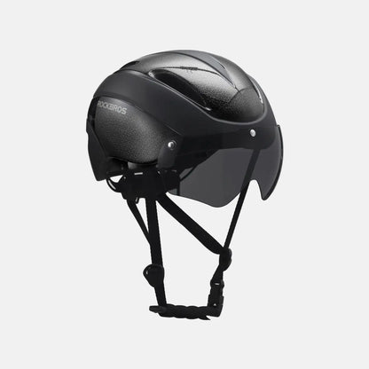 Black bike helmet with rear straps and rear vented shell