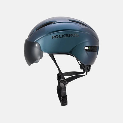 Blue bike helmet with ROCKBROS logo, side vents, and chin strap