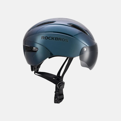 Blue bike helmet with side protectors and adjustable chin strap