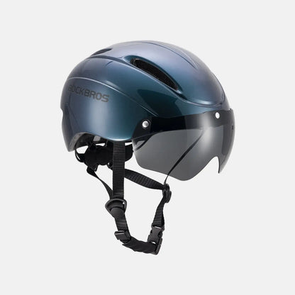 Blue bike helmet with integrated dark visor and chin strap, ROCKBROS logo