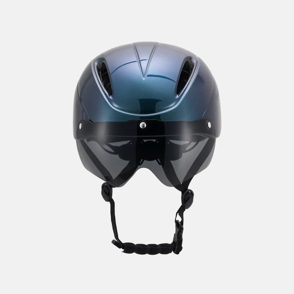 Blue bike helmet with integrated dark visor, rear vent holes, chin strap
