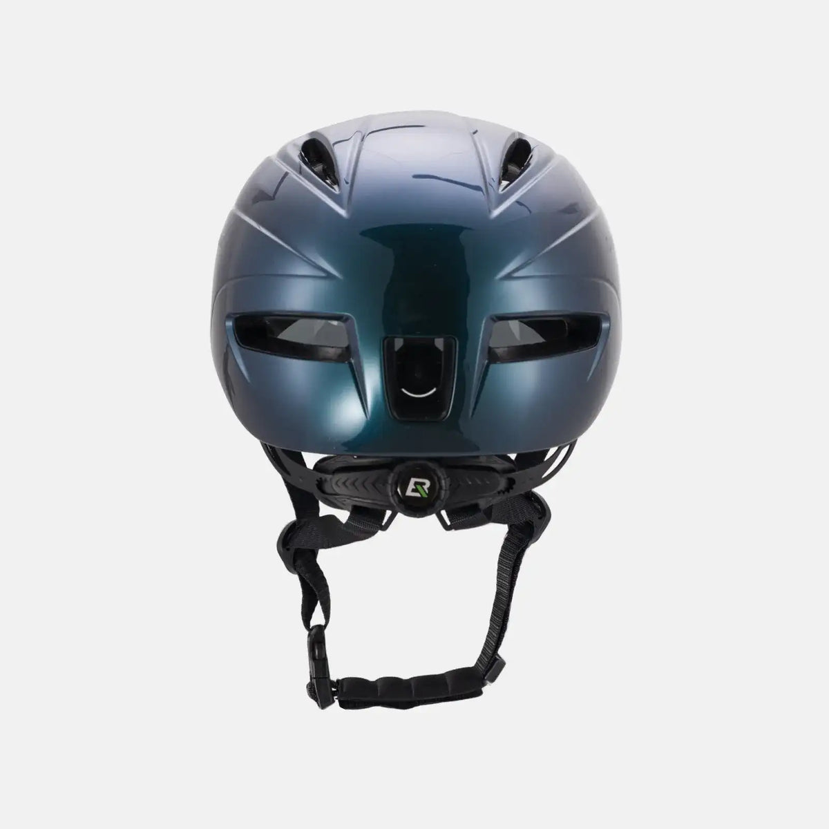 Blue bike helmet with integrated visor and front vents, chin strap and padding