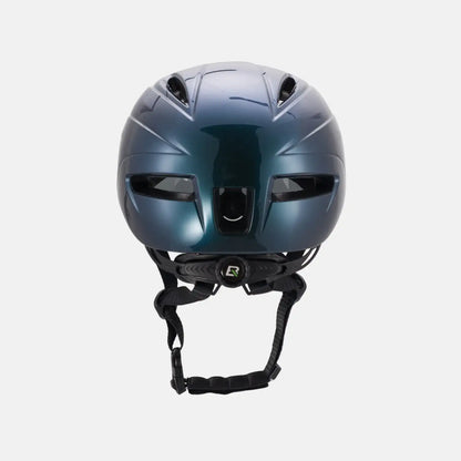 Blue bike helmet with integrated visor and front vents, chin strap and padding