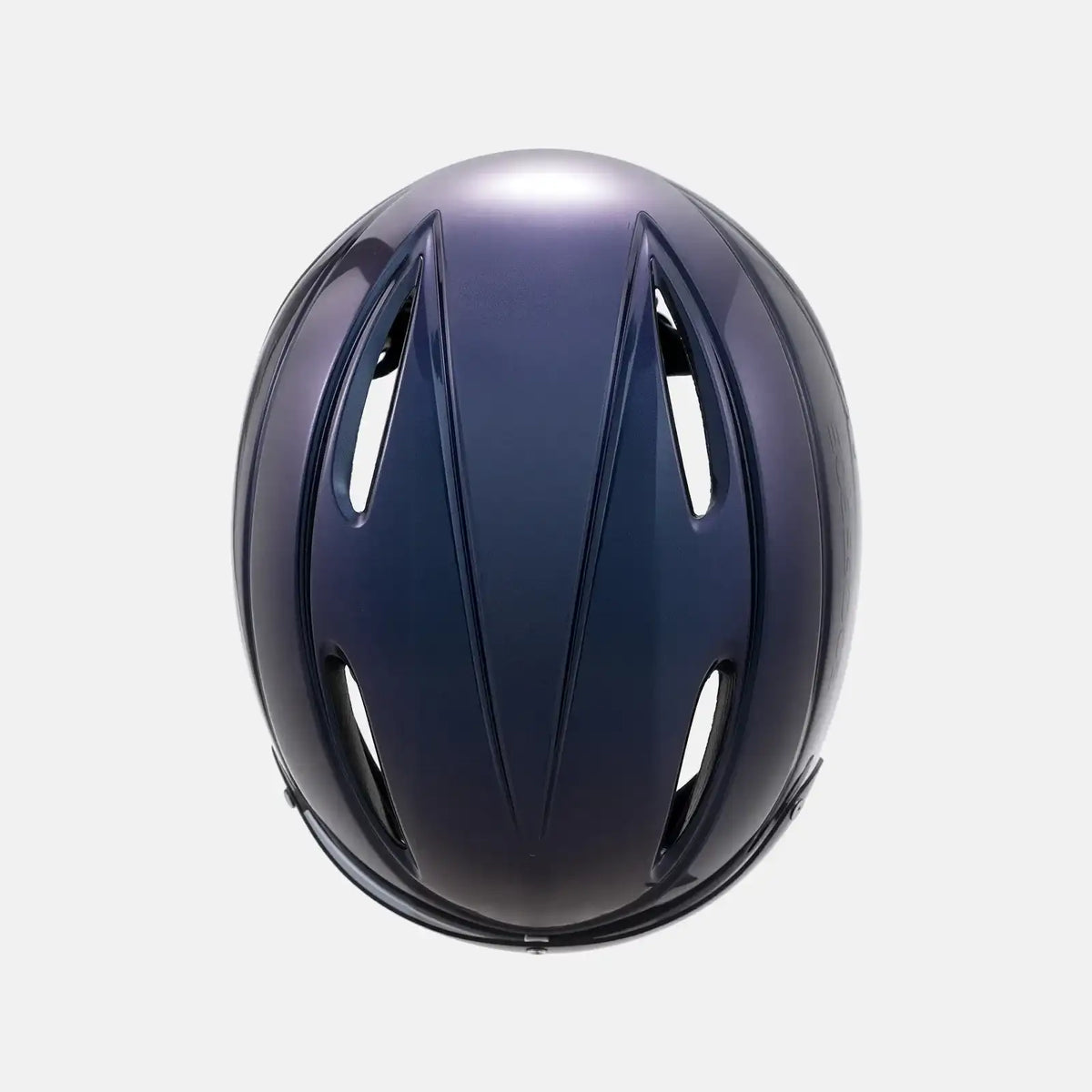 Bike helmet with glossy dark blue shell, top view showing front ventilation channels