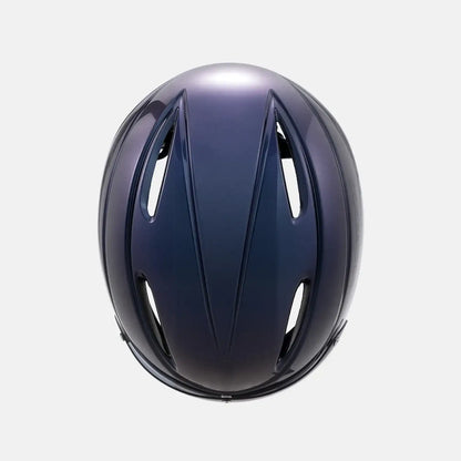 Bike helmet with glossy dark blue shell, top view showing front ventilation channels
