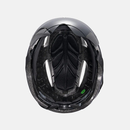 Bike helmet interior with black padding and protective lining, top opening visible