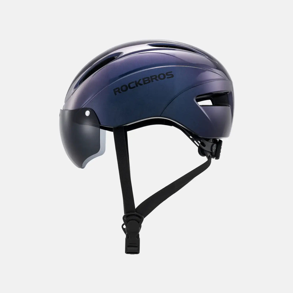 Blue bike helmet with integrated visor front, side vents, chin strap