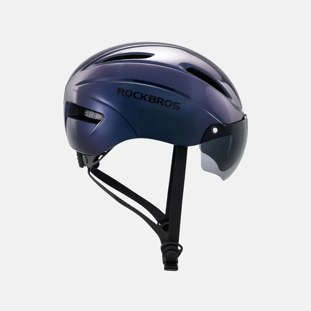 Blue bike helmet with integrated visor and chin strap, side profile view