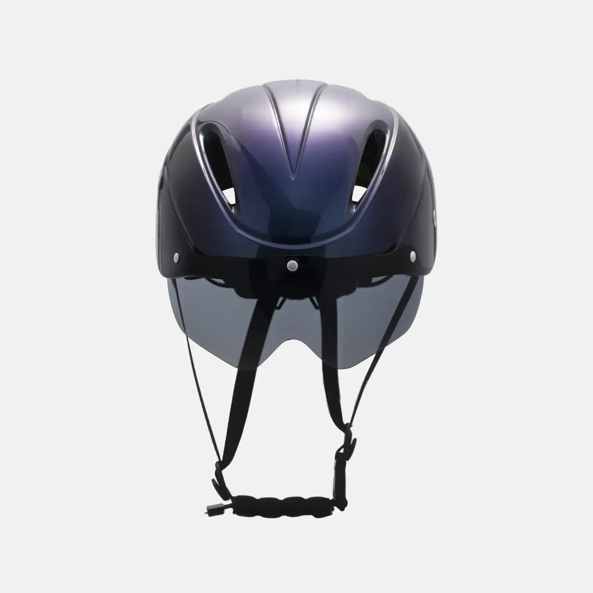 Bike helmet with chin strap and glossy dark shell, front view with large vents