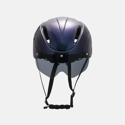 Bike helmet with chin strap and glossy dark shell, front view with large vents