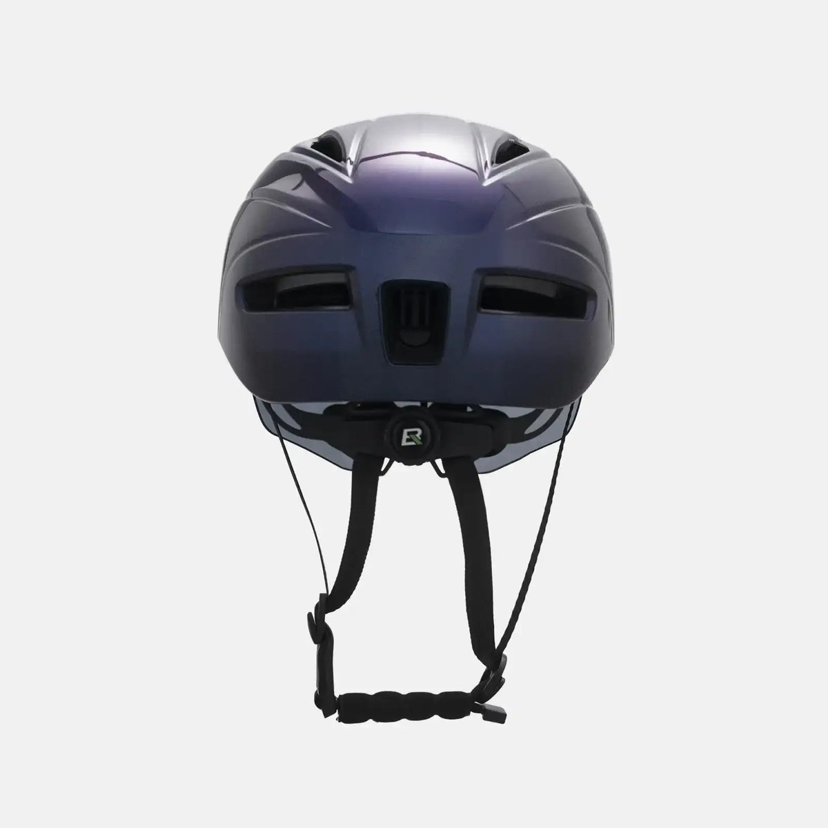 Purple-blue bike helmet with integrated dark visor and chin strap, front view