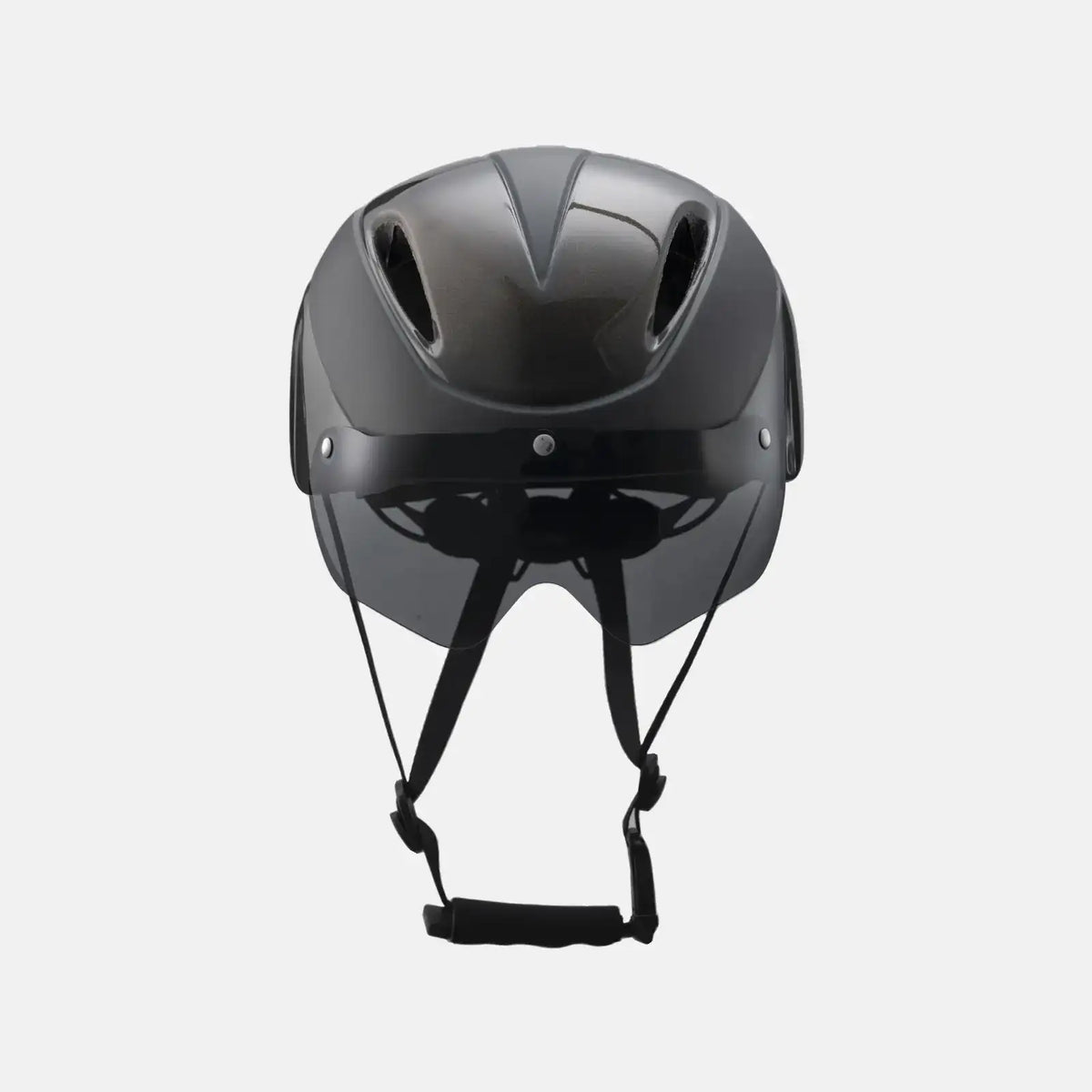 Bike helmet with chin strap and glossy gray shell, front view