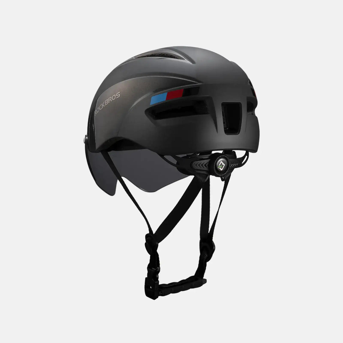 Bike helmet with goggle/clip mount detail and chin strap, side view
