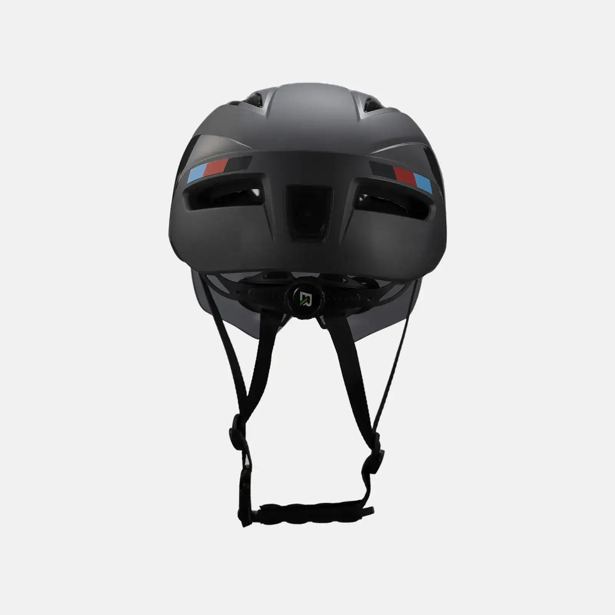 Bike helmet with chin strap and vented front, matte black shell with red-blue accents
